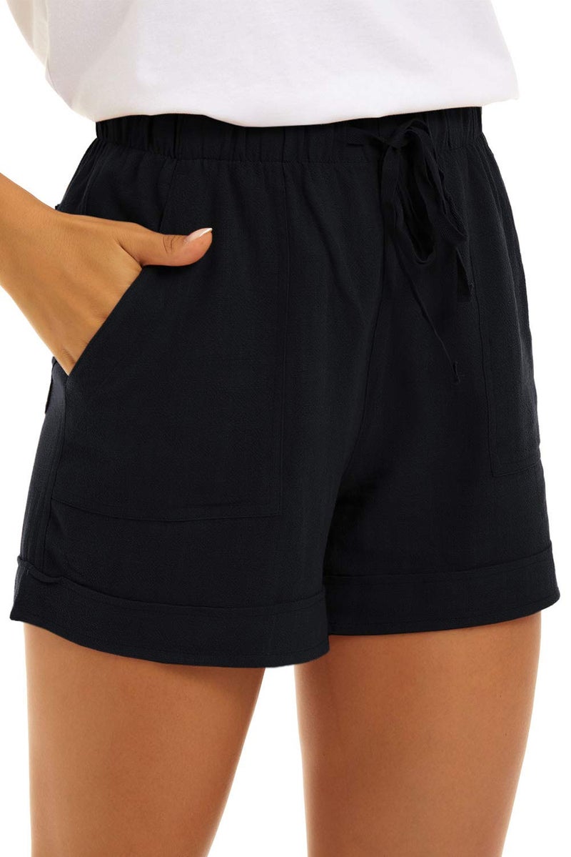 KINGFEN Womens Shorts Pull On Lounge Black Shorts for Women Casual Summer Beach Comfy Elastic Waist Drawstring Cotton Linen Short with Pockets Black Small - Image 1
